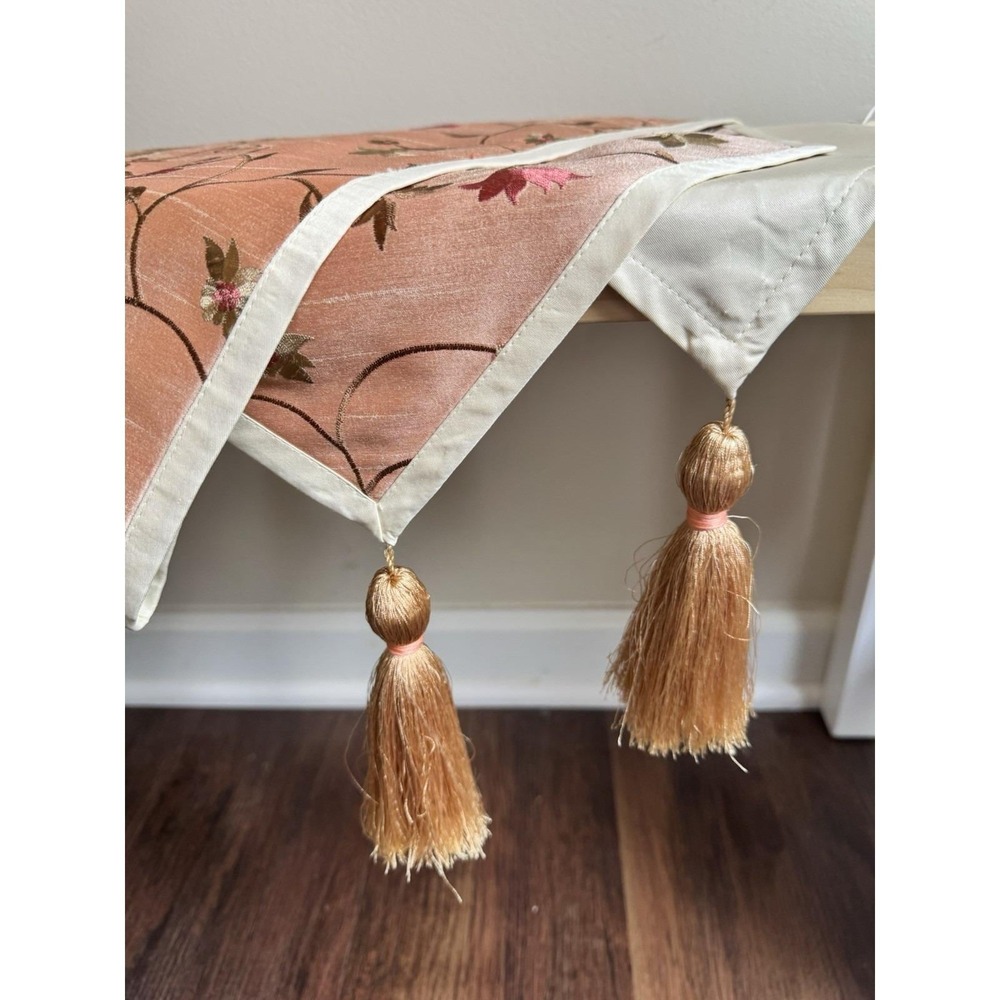 VTG Pier 1 Imports Silky Floral Embroidered Table Runner Tassels 14x72" Boho